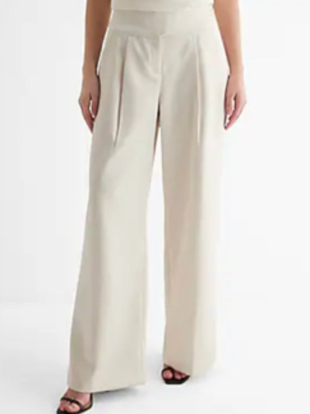 Express Ivory Premium Satin Side Button Strap Pleated Wide Leg Pant Sz 12 Long